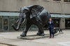 a man in a suit standing next to a statue of an elephant